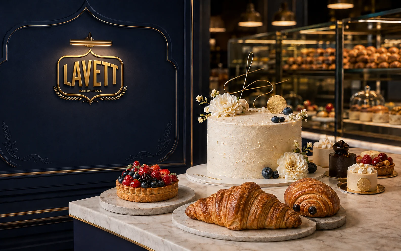 Bánh kem, croissant và bánh trái cây trong không gian bánh Pháp sang trọng